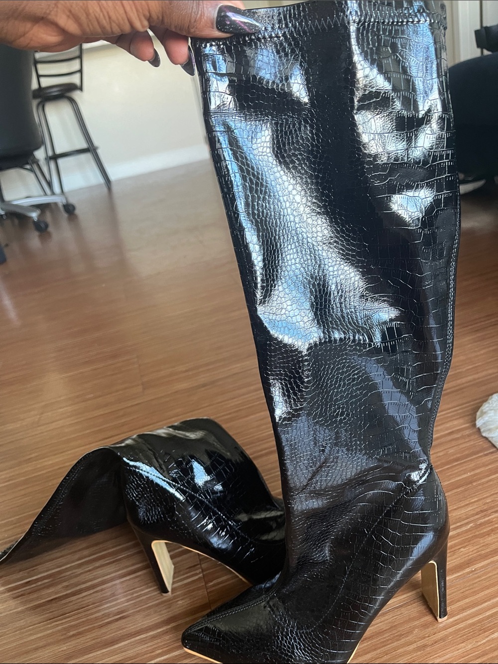 Black Patent Croc-Embossed Knee-High Stiletto Boots